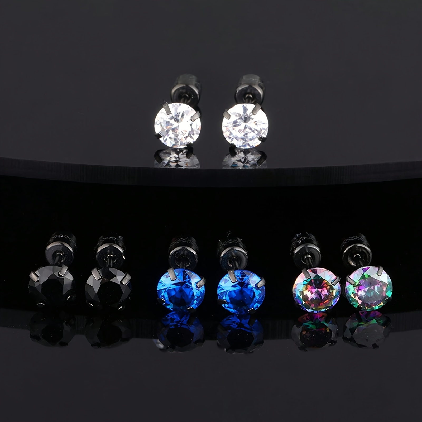 

4 Pairs Titanium Screw Back Surgical Stainless Steel Stud Earrings For Women Men, Rainbow 5a Cubic Zirconia Studs Double Side Earrings Piercing Sleeper Studs Jewelry 6mm