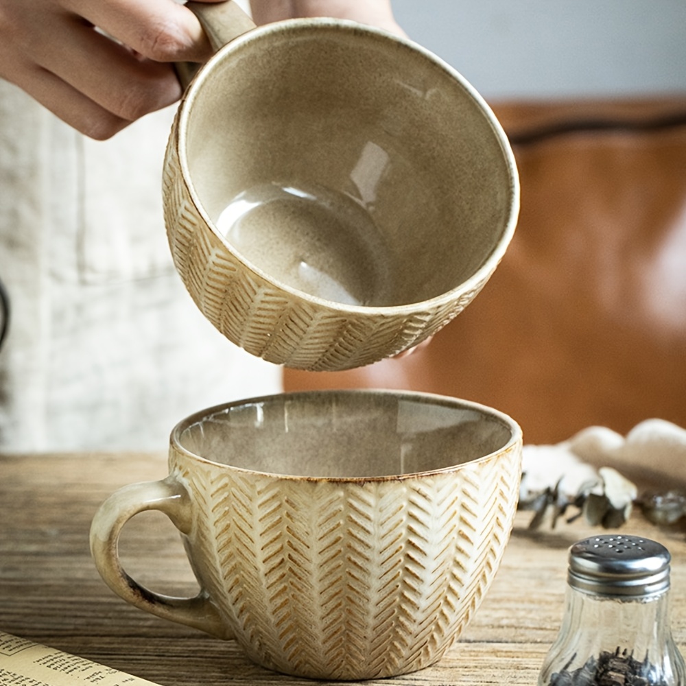 2-pack Handmade Vintage Ceramic Wheat Yellow Embossed Mug, 400ml - Elegant Gift For Home Use, Cup, No , Perfect For , Coffee Bar Accessories