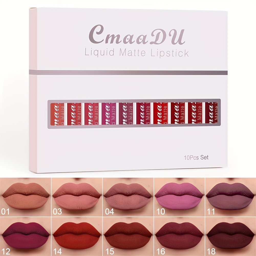 TEMU 10 Pack Matte Lip Gloss Set With Velvet Matte Texture, Non Stick Cup, Long-lasting Waterproof Lipstick Lip Gloss, Moisturizing And Lightweight, Multiple Color Options For Day Gift