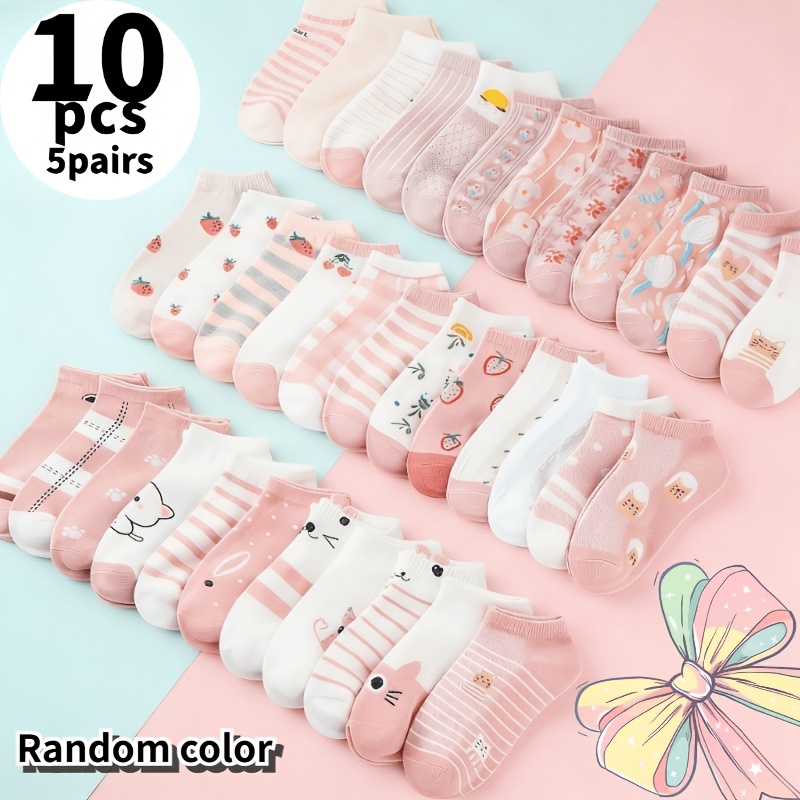 E-shop 10 Stück/5 Paar Damen Kurze Socken mit Blumenmuster – Farbschema in zartem Rosa Weiß, mit niedlichen Blumenillustrationen, Knöchelsocken,