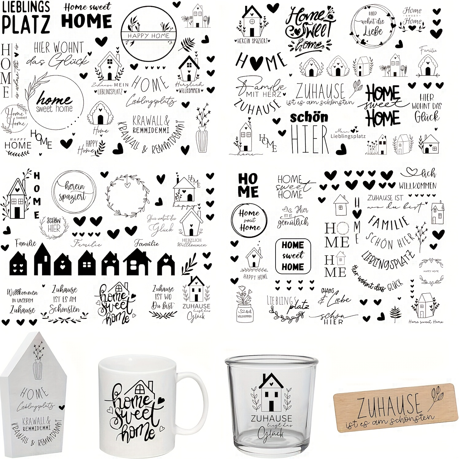 4 Sheets Of German "family"-themed Transparent Transfer Paper, Suitable For Diy Furniture, Glass, And Ceramic Crafts