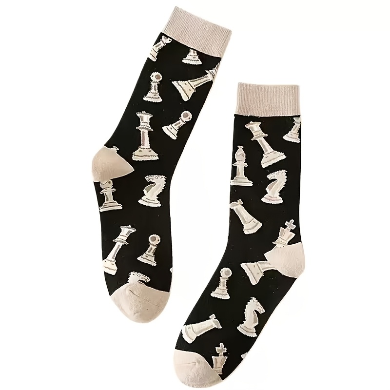 TEMU 1 Pair Of New Versatile Creative Chess Print Mid-tube Socks For Men And Women, Featuring A Vintage Chessboard And Chess Piece Pattern, Soft With