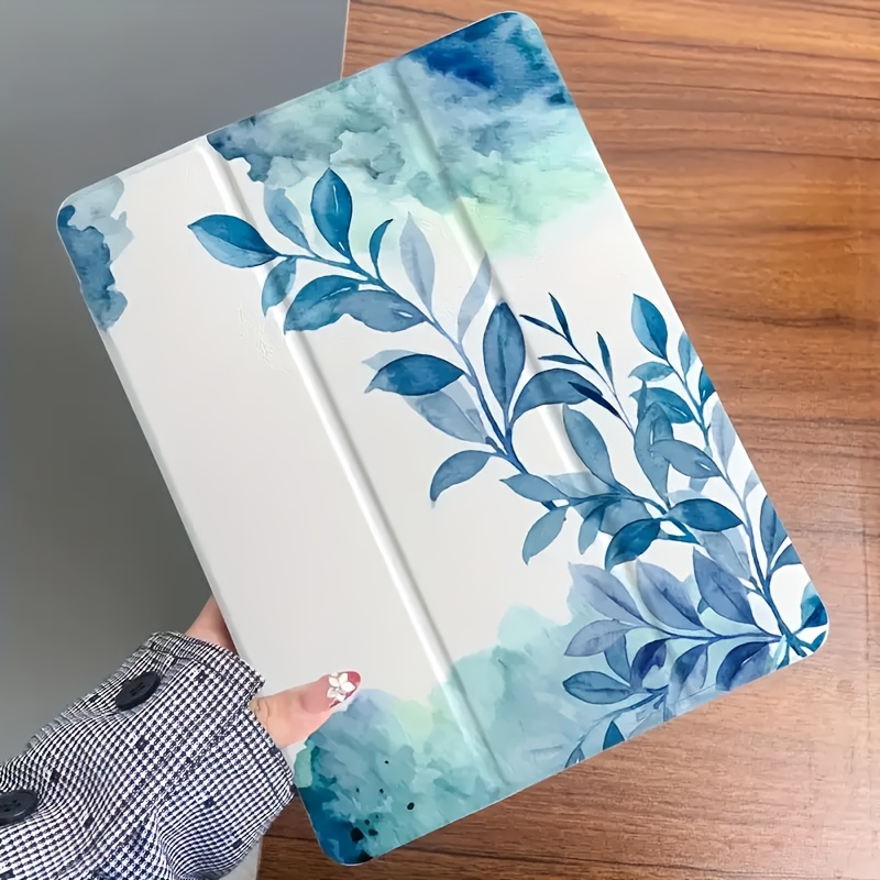 TEMU Case For Ipad Protective Cover, Y-fold Design With Blue Floral Pattern, Compatible With Ipad 9th Gen 2021 Case, Stand Function Tablet Case For