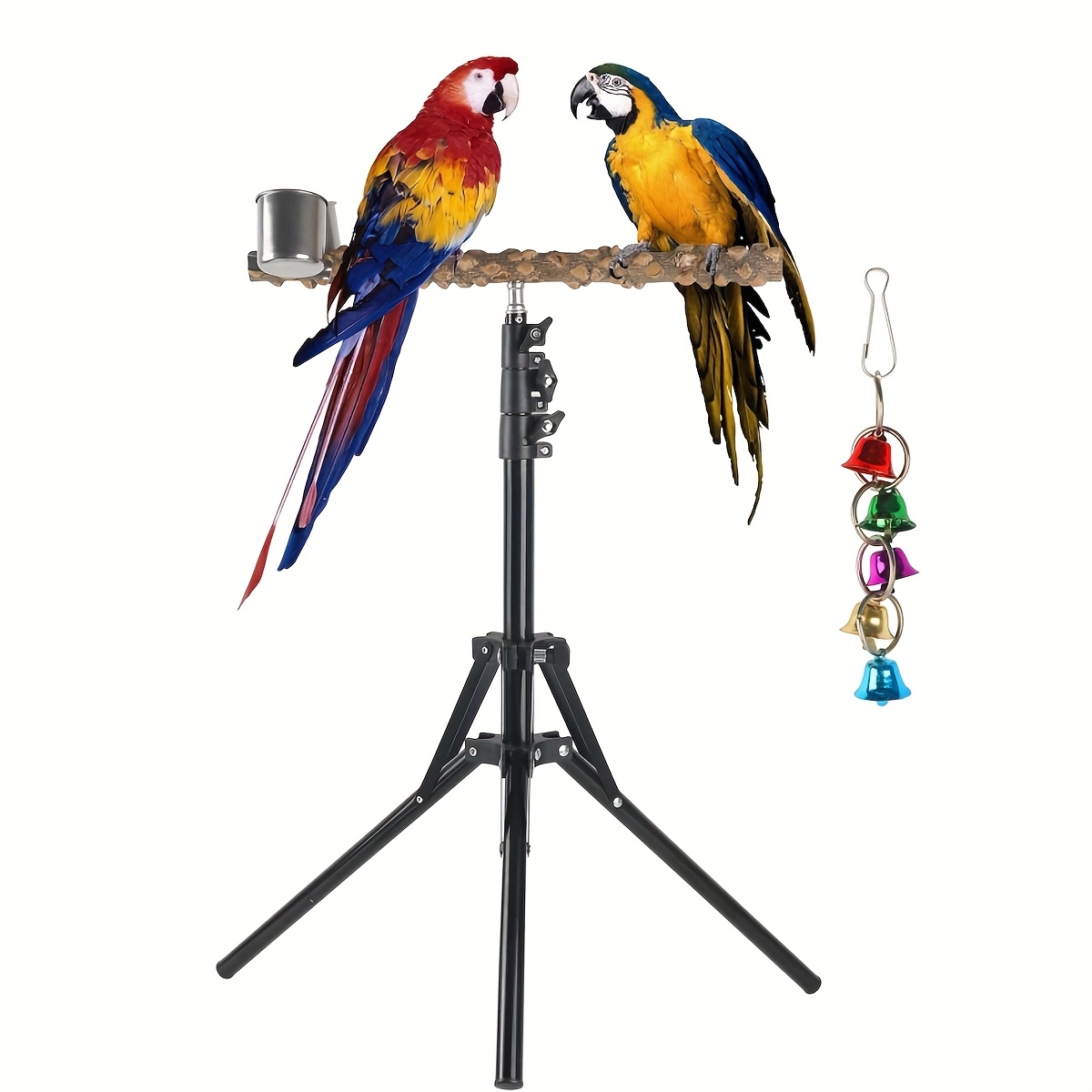 TEMU Parrot Stand With Feeding And Water Cup Bell Biting Molar Training Puzzle Bird Toy Medium And Large Parrot Nymph Parrot Bird Standing Pole Bird