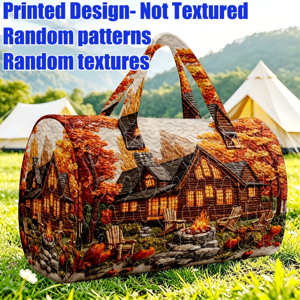 TEMU 1pc Autumn Cabin Campfire Pumpkin Forest Printed Quilted Women's Tote Bag, Large Capacity Travel Luggage, Perfect For , Christmas & Halloween