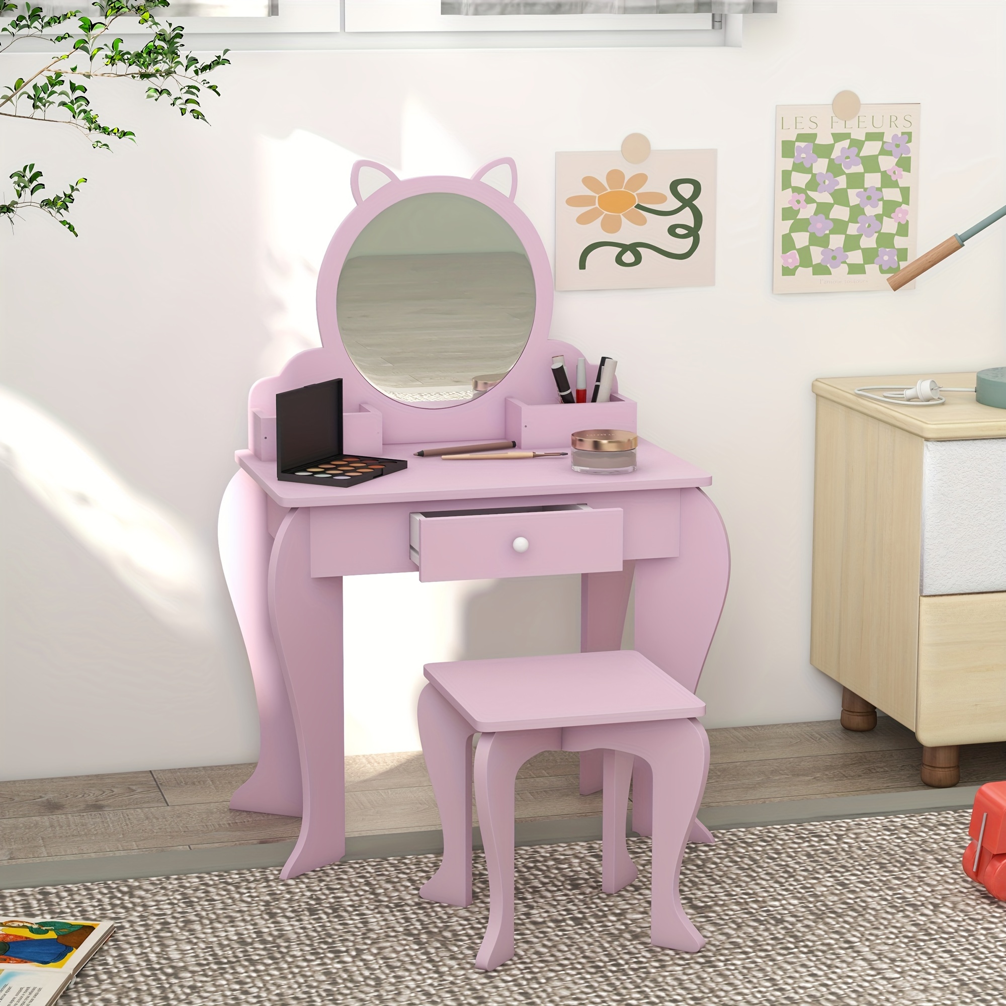TEMU Coiffeuse Qaba pour Enfants avec et Tabouret, Table de Maquillage pour Enfants de 3 à 6 Ans, avec Tiroirs de Rangement, Motif Chat