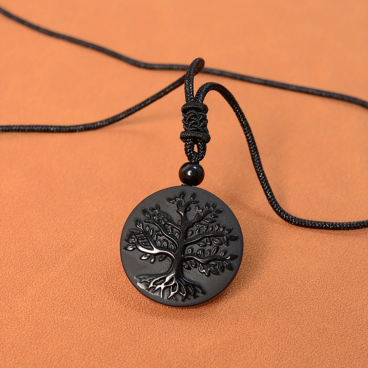 Obsidian Men's Frosted Tree of Life Pendant Necklace