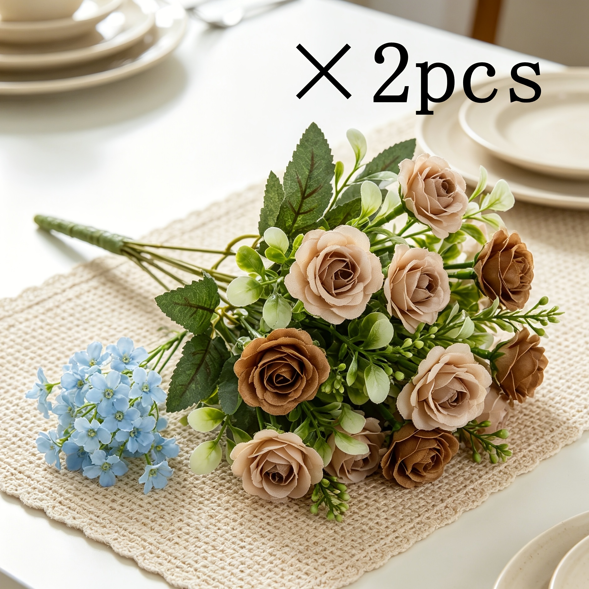 TEMU 2pcs Coffee Mini Rose Artificial Bridal Bouquet, For All-year Decor For All Holidays. Realistic Faux Flower For Indoor Vase, Table Decor, Photo
