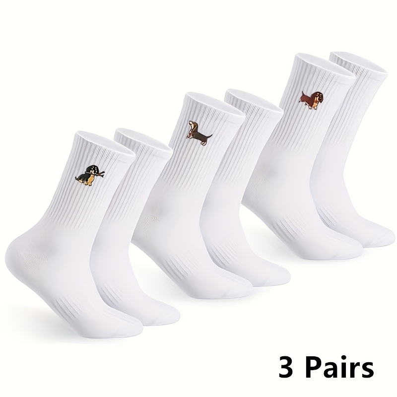 Image of 3 Pairs Of Women's Tennis Socks, Breathable Mid-tube Sports Socks, Crew Socks Designed For Dog Lovers, Sizes 38-42