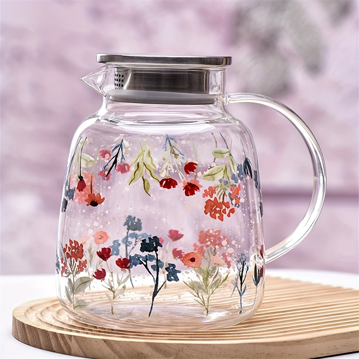 Image of 1pc 70oz Glass Pitcher With Lid - , Wide Mouth For Beverages, Juice, And Iced Tea, Reusable, Hand Wash Only, Kitchenware, Versatile Glassware | Floral Glass Pitcher | Fit