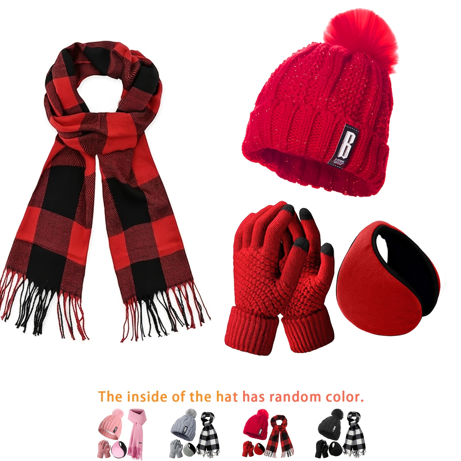 

4pcs Winter Warm Accessory Set - Knitted Hat, Touch Screen-compatible , Scarf, Ear Warmer - Polyester, Hand Washable, - Ideal Gift For Adults, No Feather