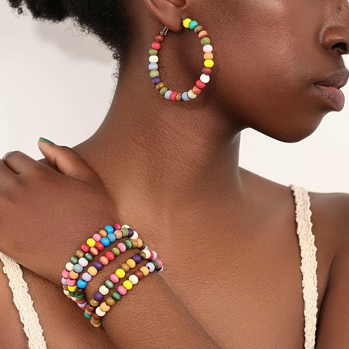 Set of 5 Wooden Beaded Bracelets, Mixed Beads