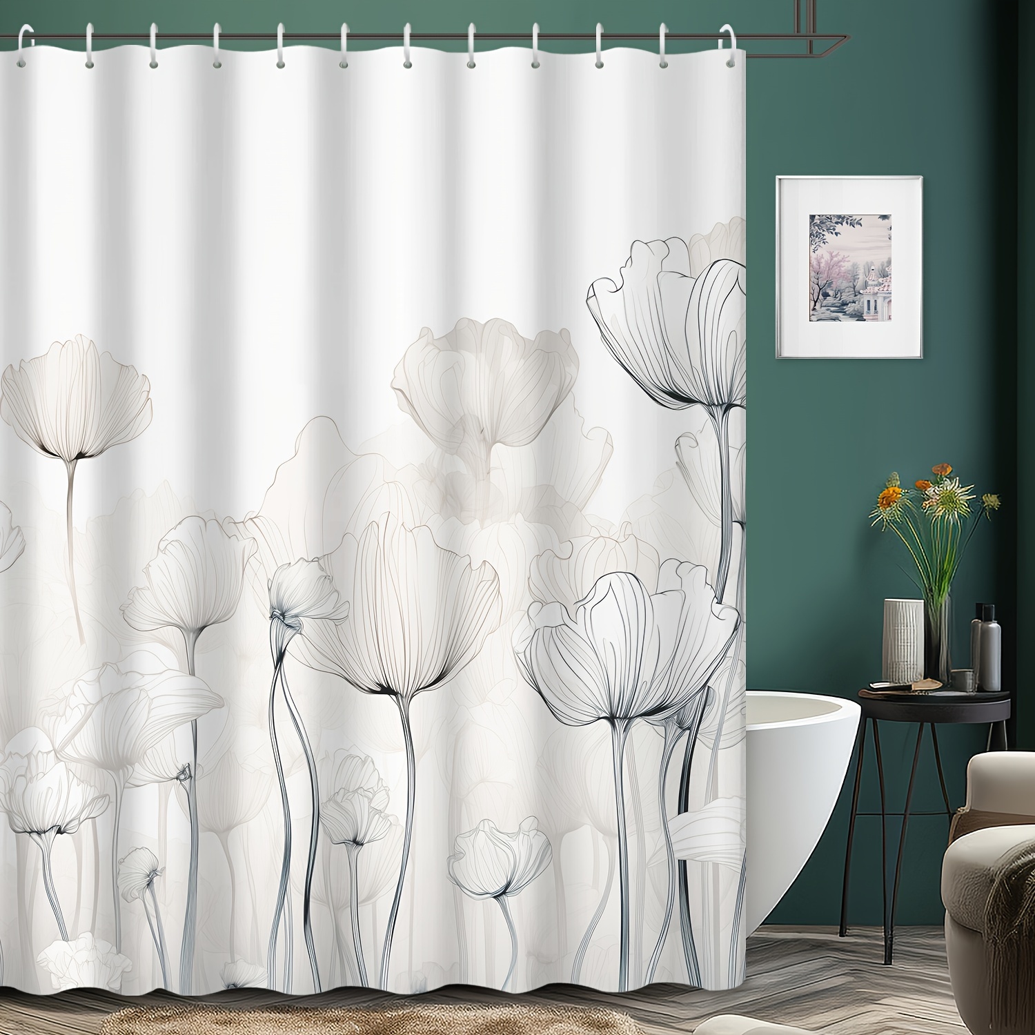 

1pc Simple Flower Pattern Shower Curtain, Water-resistant Shower Curtain With Plastic Hooks, Wall Decoration Pendant, Bathroom Partition, Bathroom Accessories