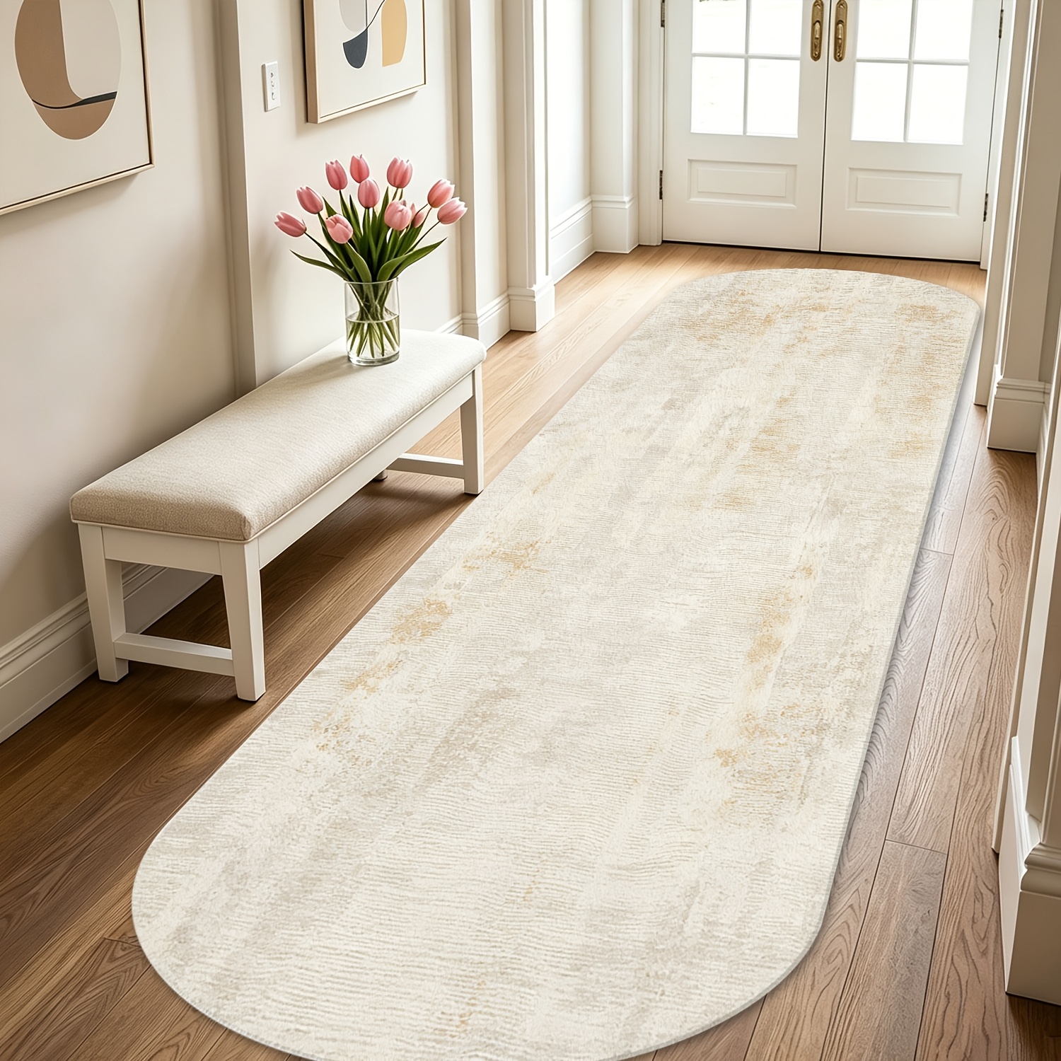 TEMU [arched Rounded Corner Extended Hallway Rug] Beige Light Watercolor Shading Carpet And Fine Texture Solid Color Long Mat/cream Wood Minimalist