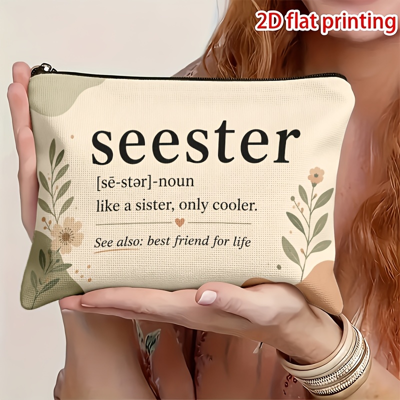 TEMU 1pc 2d Flat Printing "seester" Lettering And Floral Illustration Double-sided Printed Makeup Bag, Multifunctional Beauty Organizer, Zipper