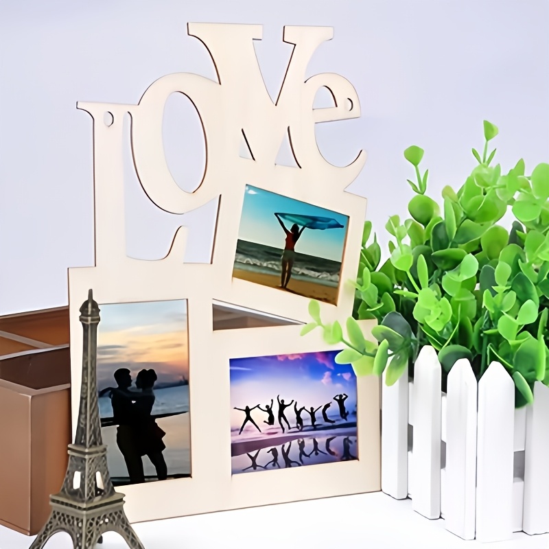 

1 Cadre Photo en Bois Chic avec Lettre "LOVE" - Design Moderne 3-en-1 avec Base Blanche, Présentoir Art Déco DIY pour Photos & Loisirs Créatifs, pour la Décoration de & du Bureau, Décoration Murale