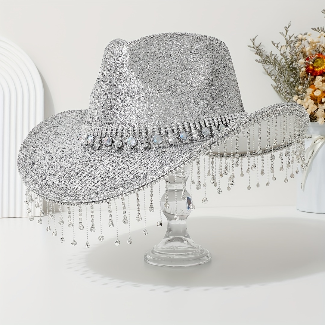 E-shop Elegante Fedora mit Silberner Strasskette & Herzquaste - Leichtes, Nicht-Dehnbares Polyester für Hochzeiten, Partys & Bühnenauftritte