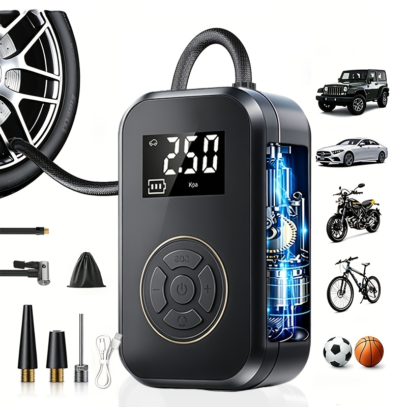 TEMU Portable Tire Air Compressor And Inflator, 150psi Electric Inflator, Portable Bicycle Pump, With Led Digital Display Led Light, Rechargeable