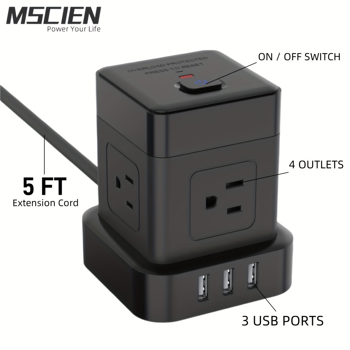 

Us Plug Power Strip Cube Socket 4 Outlet 3 Usb Ports 5 Ft Extension Cord Protector For Home, Kitchen, Office, Travel
