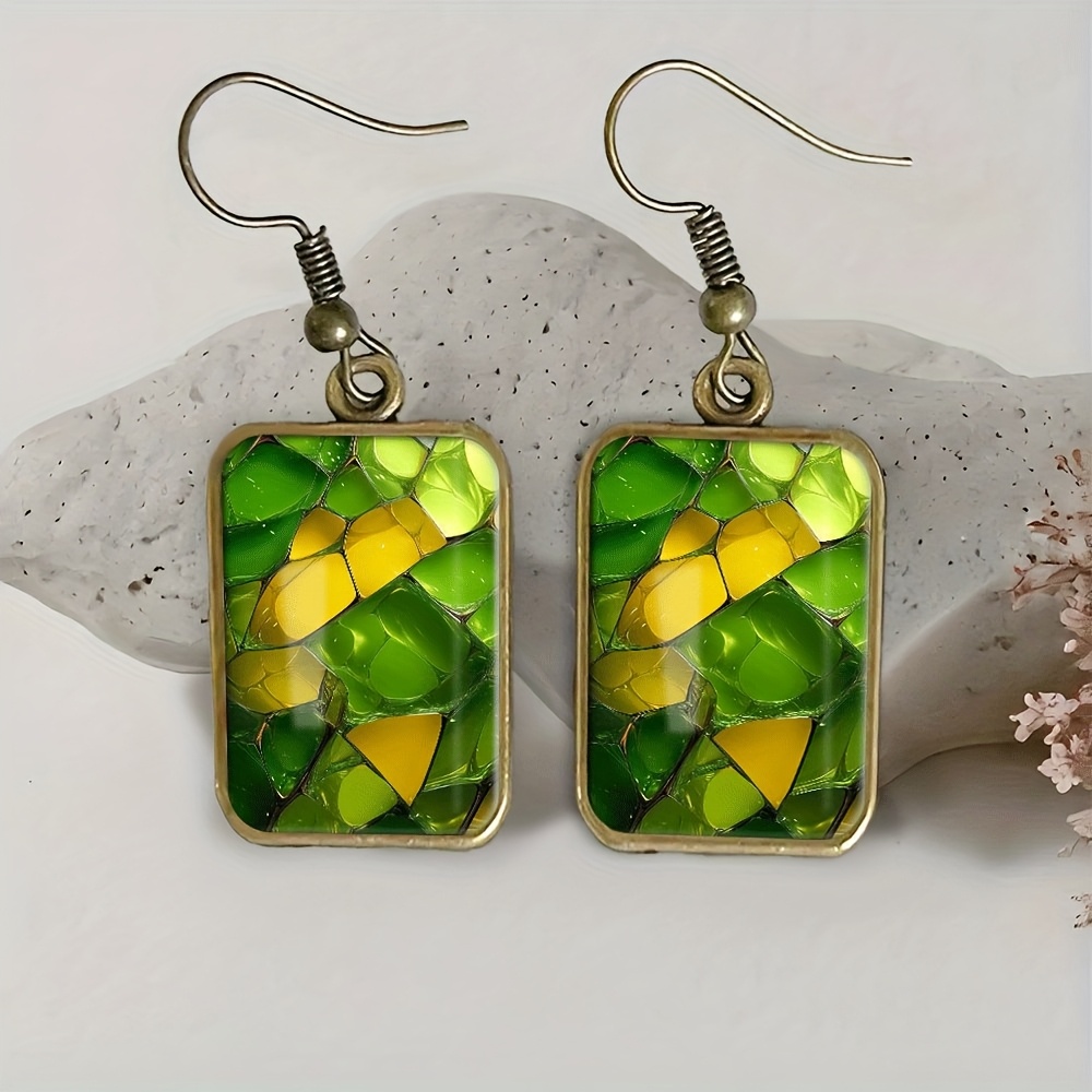 TEMU 1 Pair Handmade Green & Mosaic Vintage Square Earrings And Pendant Jewelry - Green, Lime, Olive, Mustard Yellow Tones, Antique-like Drop Dangle