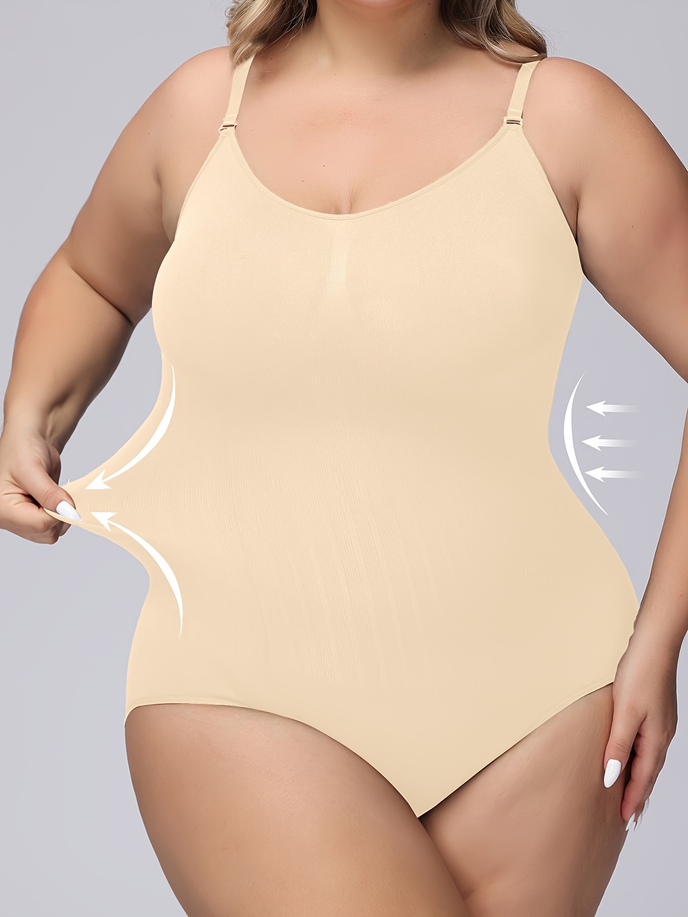 Women's Plus Simple Shapewear Bodysuit, Plus Size Solid Seamless Tummy Control Slimming Adjustable Body Shaper
