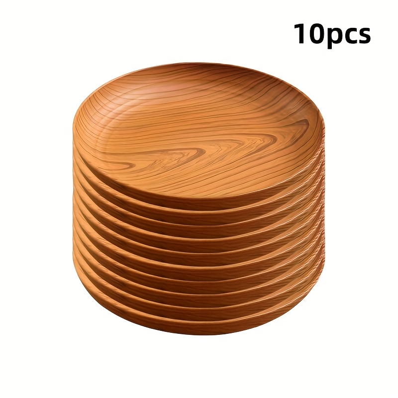 TEMU 10pcs Creative New Wood Grain Color Dinner Plates - Plastic Material Round Striped Pattern | High-end Luxury Feel Suitable For Home, Restaurant