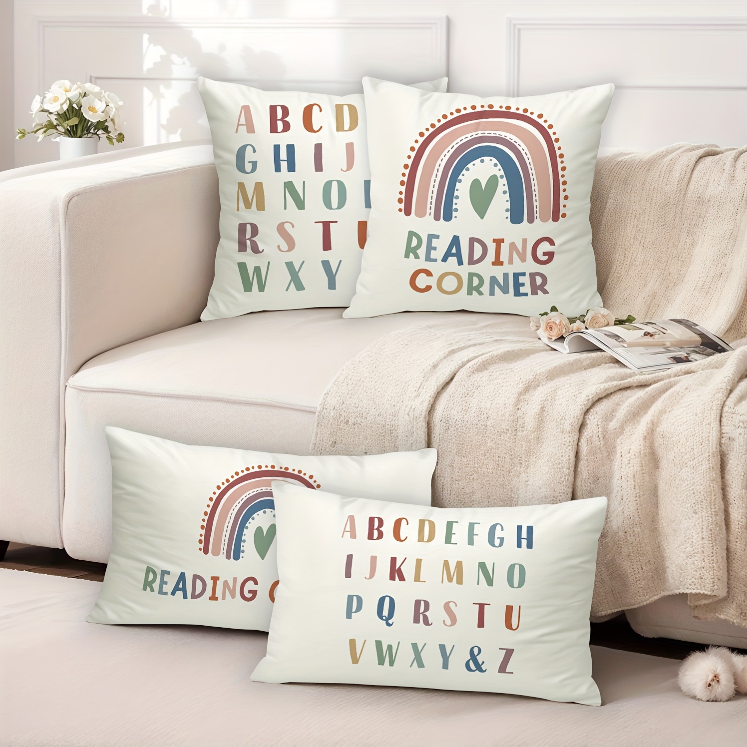 

2-piece Set Boho Rainbow & Alphabet Throw Pillow Covers - Soft Plush, Zip Closure, Hand Washable - Perfect For Couch, Sofa, And Classroom Decor - 12x20in & 18x18in Sizes Available