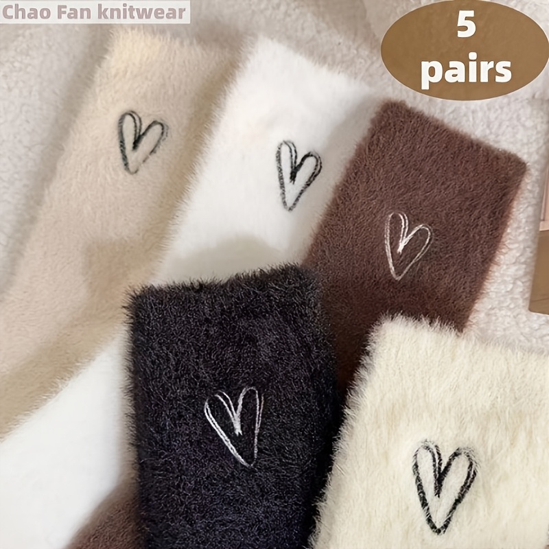TEMU 5-pair Heart Plush Mid-calf Socks, Women's Winter Warm Thick Socks