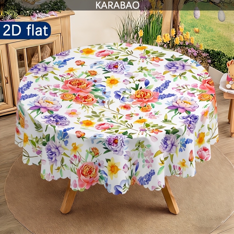 TEMU 1pc Colorful Floral Pattern Wavy Round Tablecloth, Style, Perfectly Accents Your Dining Table And Home Environment, Ideal For Table Decoration