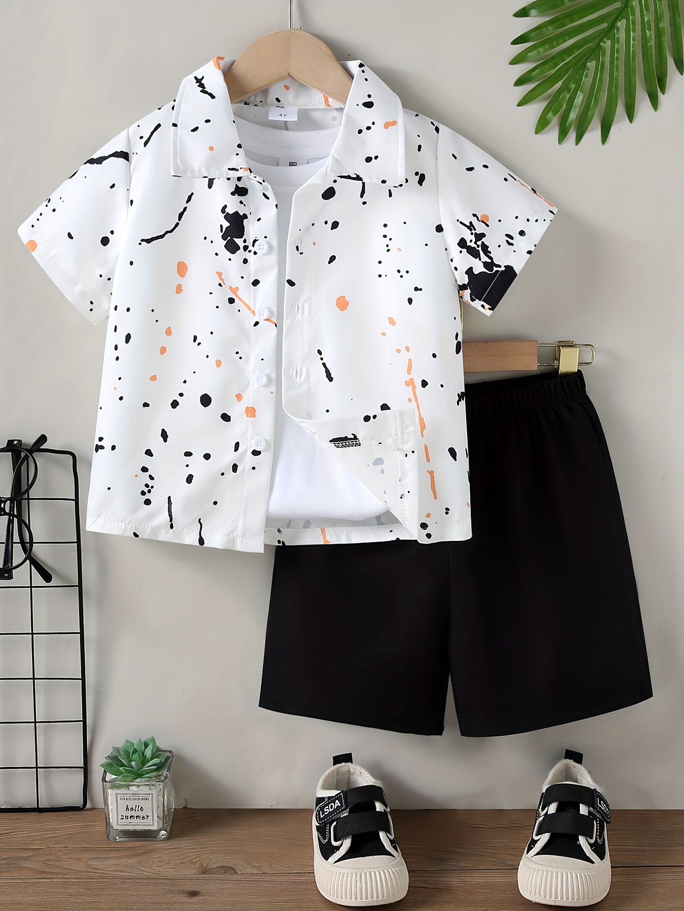 Summer Set for Boys with Splashed Ink Printed Short Sleeve Shirt + Plain Color Shorts