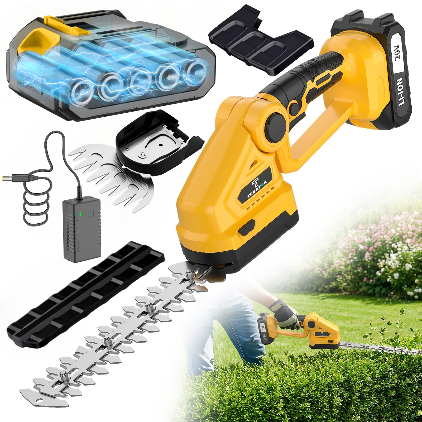 TEMU Newly Upgraded 20v Wireless Electric Lawn Trimmer, Lithium Battery Hedge Trimmer, With 2 Quick Change , Handheld Shrub Trimmer, Suitable For