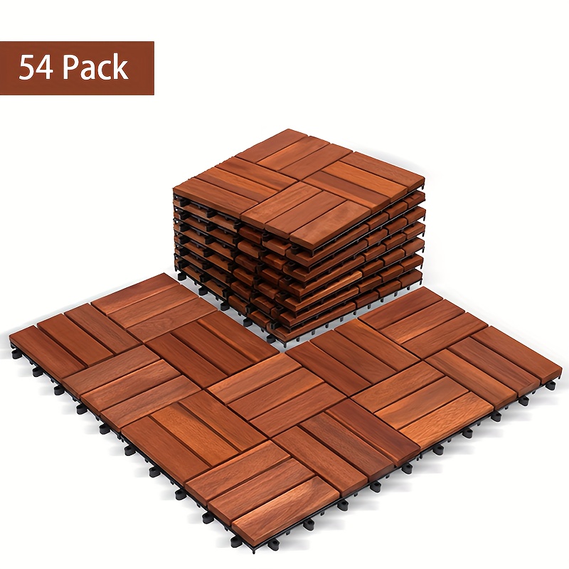 TEMU 54 Pack Solid Acacia Wood Interlocking Patio Deck Tiles - 12" X 12" Indoor Outdoor Flooring Tiles For Balcony, Backyard & Poolside, All Weather