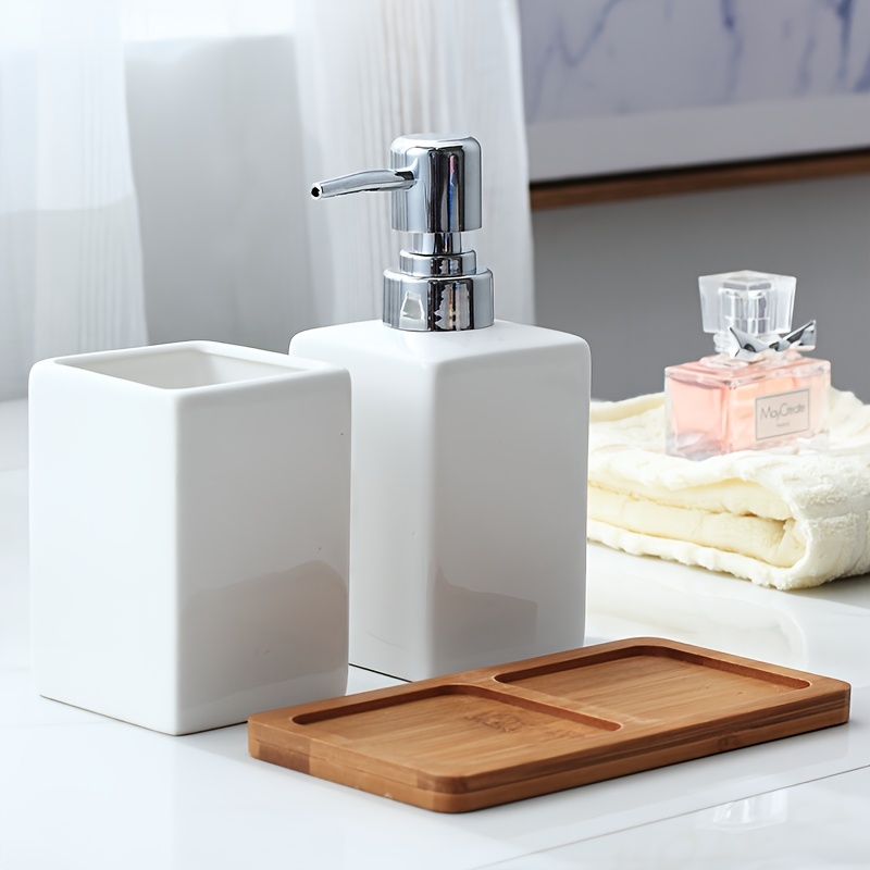 TEMU Ceramic Soap Dispenser 3pcs Set, Including A Soap Bottle, Cup, And Tray. Simple And Versatile, Black And White, Can Hold 11.26 Ounces, Soap