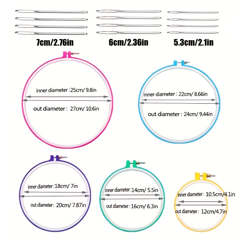 TEMU 5 Sizes Of Colorful Embroidery Hoops And 12 Needles, Handmade Plastic Circle Cross Stitch Hoop Ring Embroidery Circle Set, Embroidery Hoops 4.7