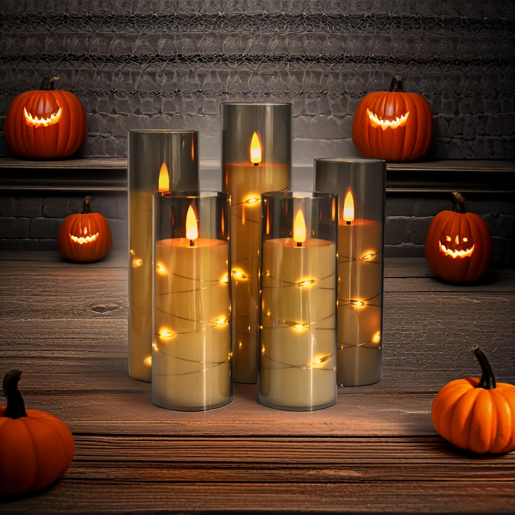 Flikkerende Vlamloze LED Kaarsen met Afstandsbediening en Timer, 5 Stuks Batterijgevoerde Kaarsen met Ingebouwde Fee Lichtsnoer voor Thuis Bruiloft Kerst- en Feestdecoratie Romantische Sfeer, Stevige Acryl Schaal, Grijs