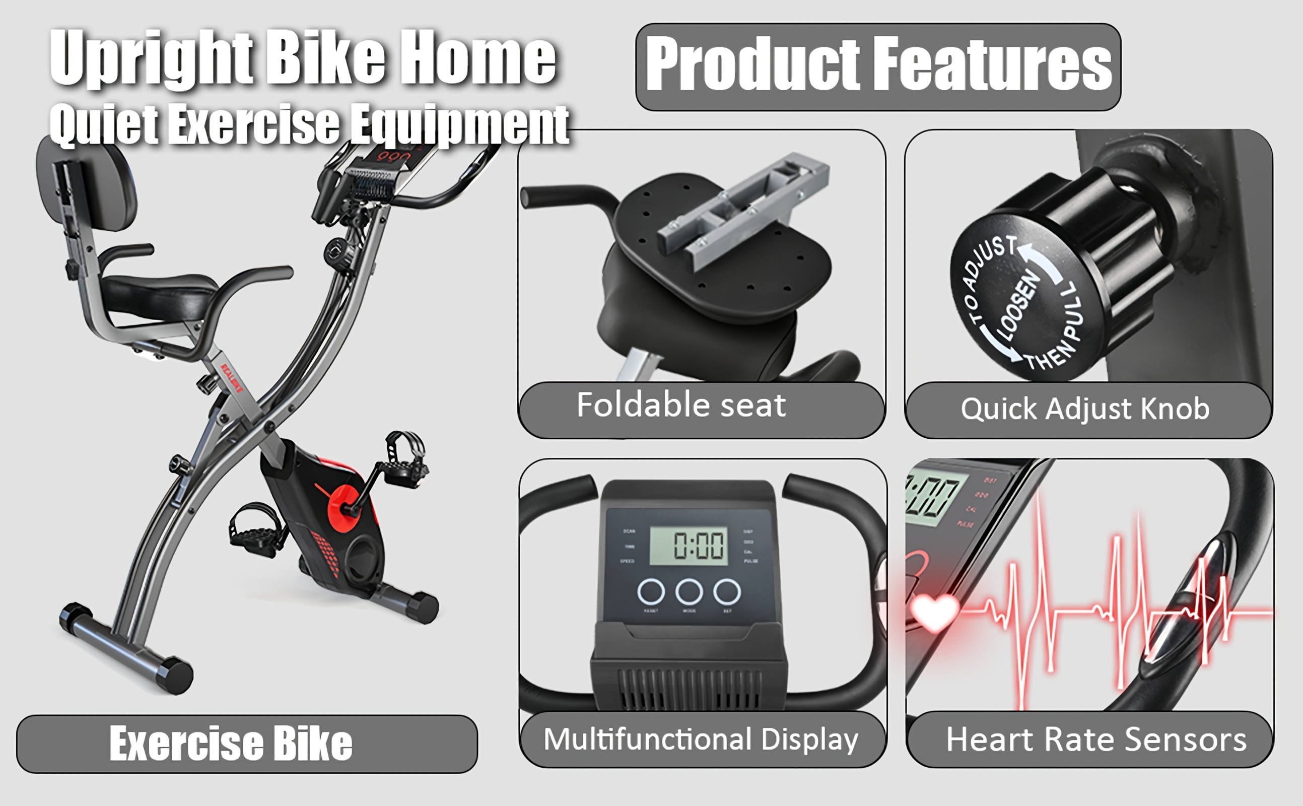 [Quiet Folding Bike] Ultra-Quiet, Foldable Magnetic Folding Exercise Bike with 8-Level Resistance - Heart Rate Monitor, LCD Display, Tablet Holder for Home Workouts, Purple