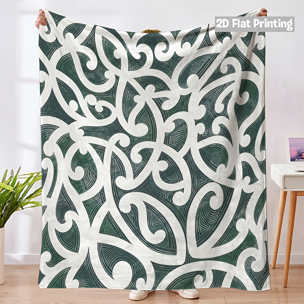 TEMU 2d Flat 1pc Elegant Maori Pattern Flannel Blanket - Warm And Stylish For Home And Travel, 2d Flat
