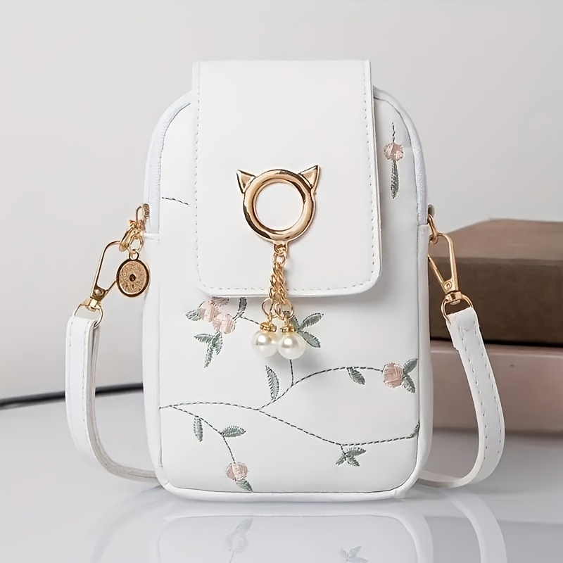 

[ Charm] Chic Floral Crossbody Phone Bag With Magnetic & Zipper Closure, Adjustable Strap, Lightweight Pu Shoulder Bag - Daily , College, Or Party - White/black, Phone Purse