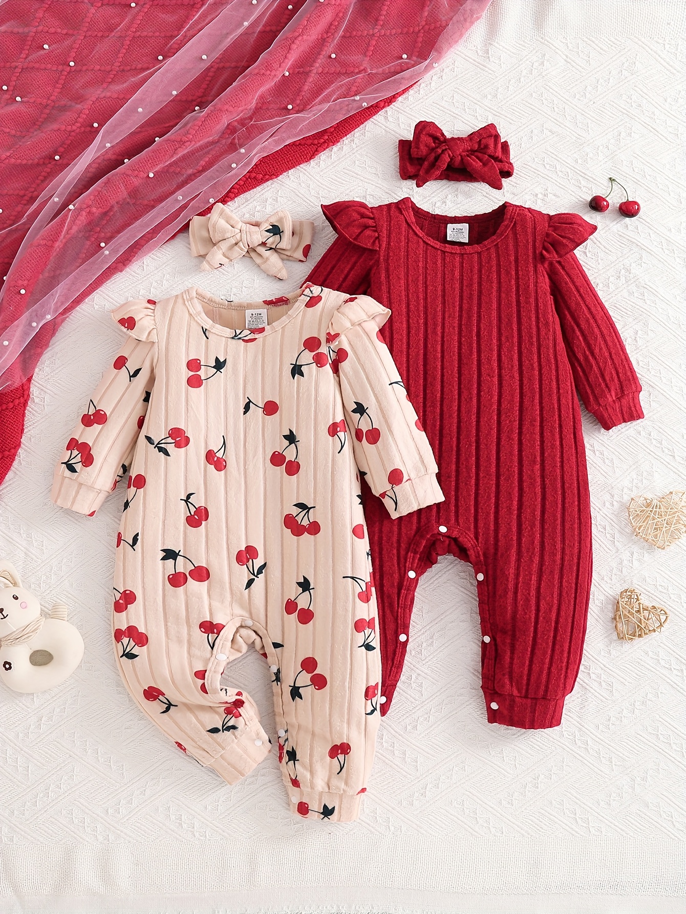 4pcs Girls' Spring/Autumn Romper Set, Newborn Baby Girl Solid Color Cherry Print Snap Button Romper + Bow Hairband, Fashionable, Cute, Simple, Playful Baby Jumpsuit Crawling Suit, Suitable for 0-1-2 Years Old (1-18 Months) Girls for Daily Home