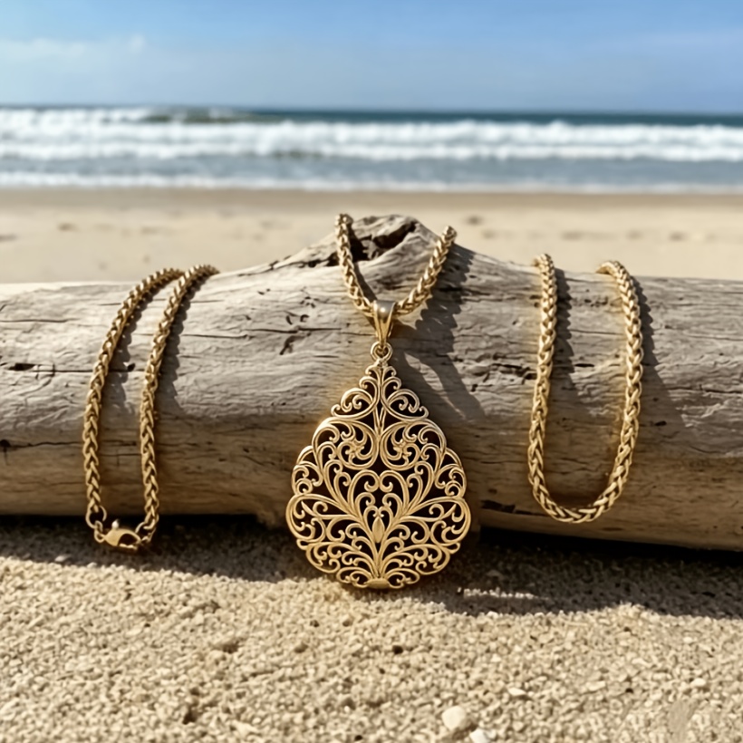 TEMU 1pc Retro Pattern Court Style Teardrop Pendant Necklace, Fashionable Vintage All-match Necklace, Exquisite Jewelry, Unisex, Suitable For Daily