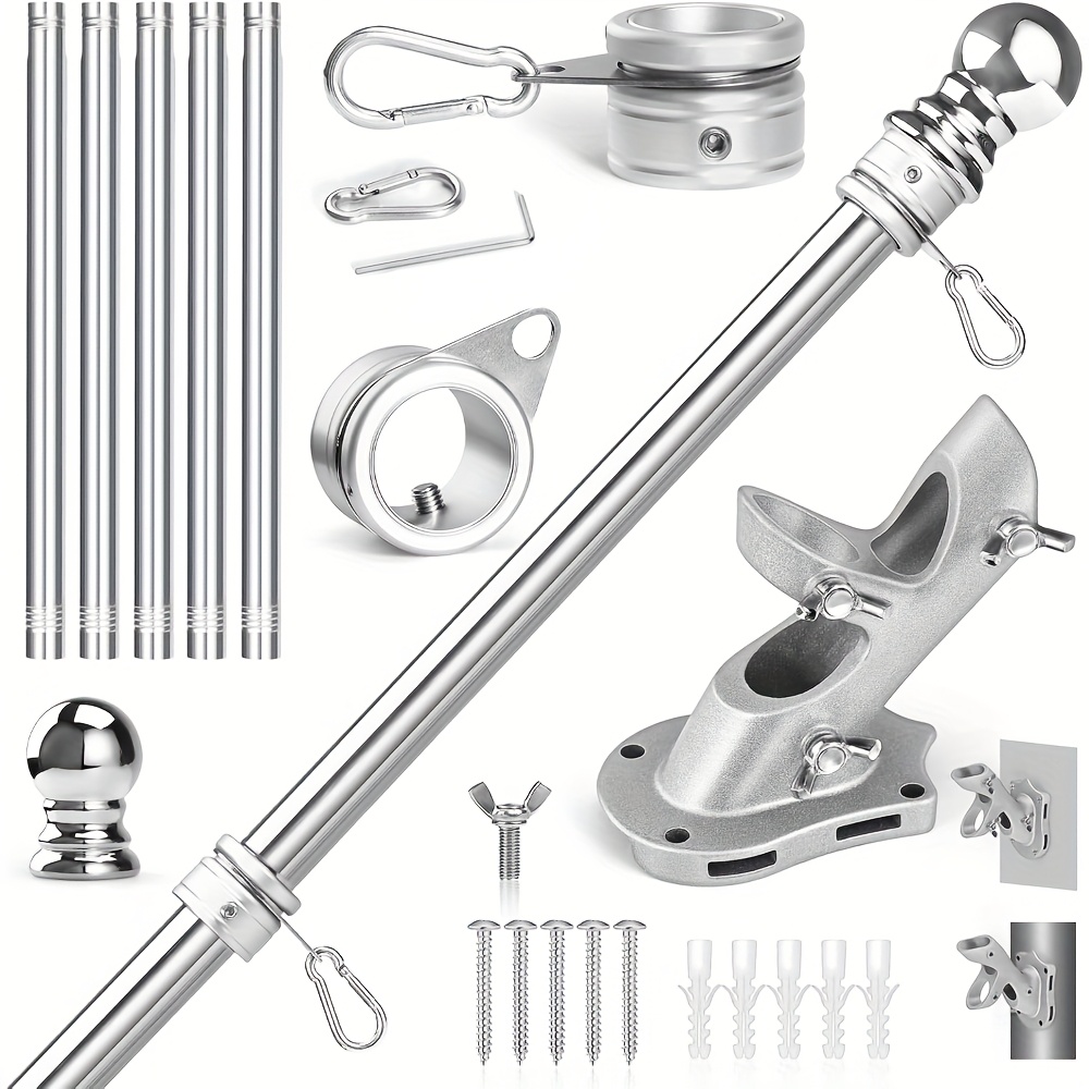 Image of 6ft Flag Pole Kit- Stainless Steel 6ft Flag Poles With1 Inch Metal 360° Rotating Flag Pole Rings Clip, Two-position Flag Pole Holder Brackets Mounting For Outside House Outdoor Porch (6 Ft-)