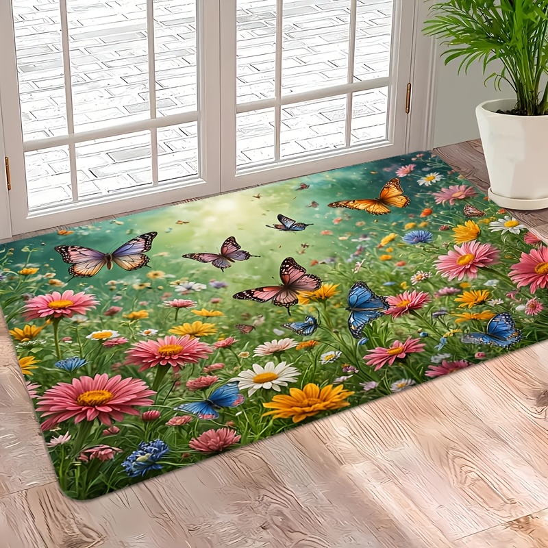 E-shop 1 Stück Frühlingsblumen Schmetterling & Gänseblümchen Türmatte geeignet für Eingang, Wohnzimmer, Schlafzimmer - Weiche rutschfeste waschbare
