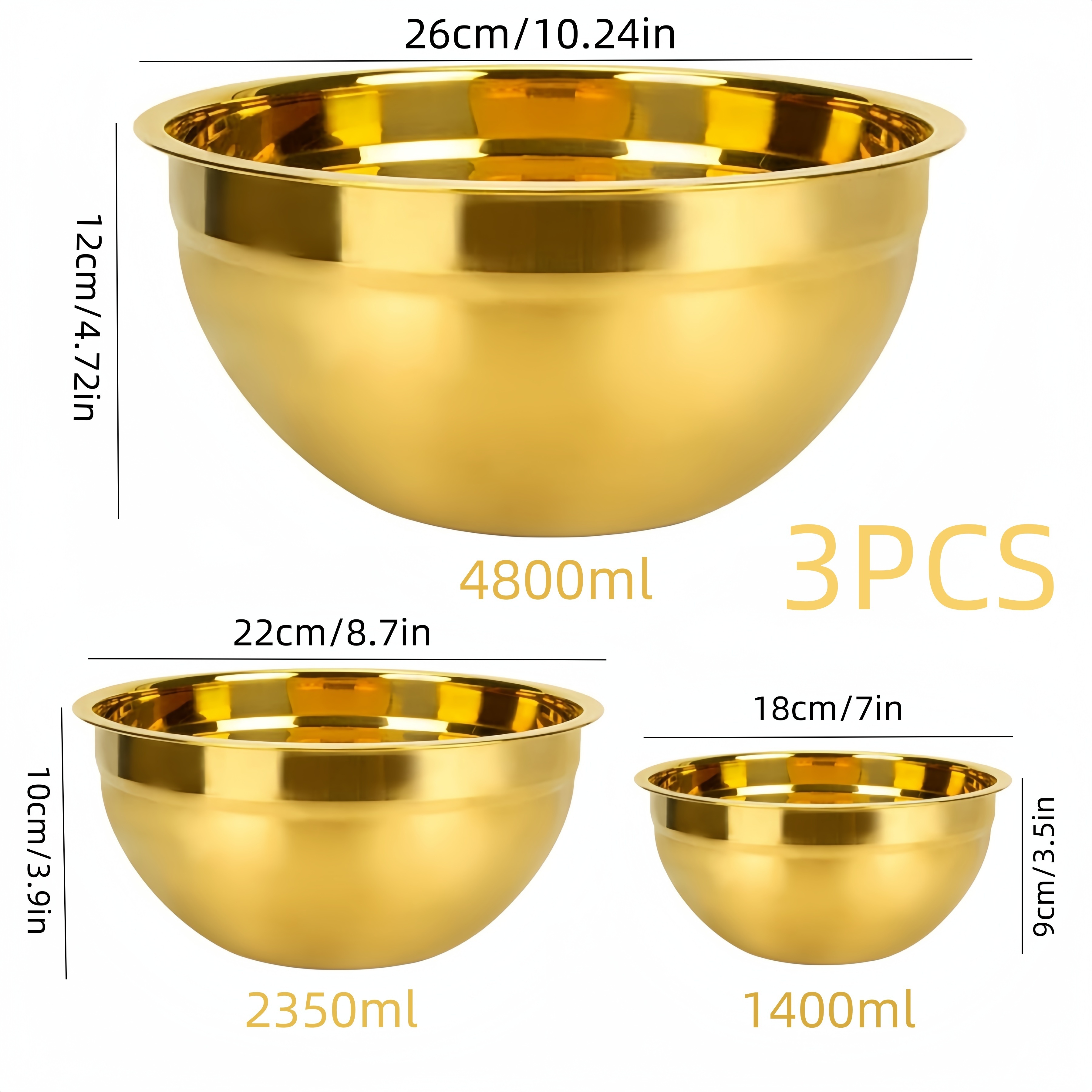 3pcs Stainless Steel Mixing Bowls (golden) With Metal Nesting Storage Bowls, Perfect For Mixing Salads And Kitchen Baking Tools, Ideal For Combining, Serving, And Stirring, Sizes 4800ml/2350ml/1400ml