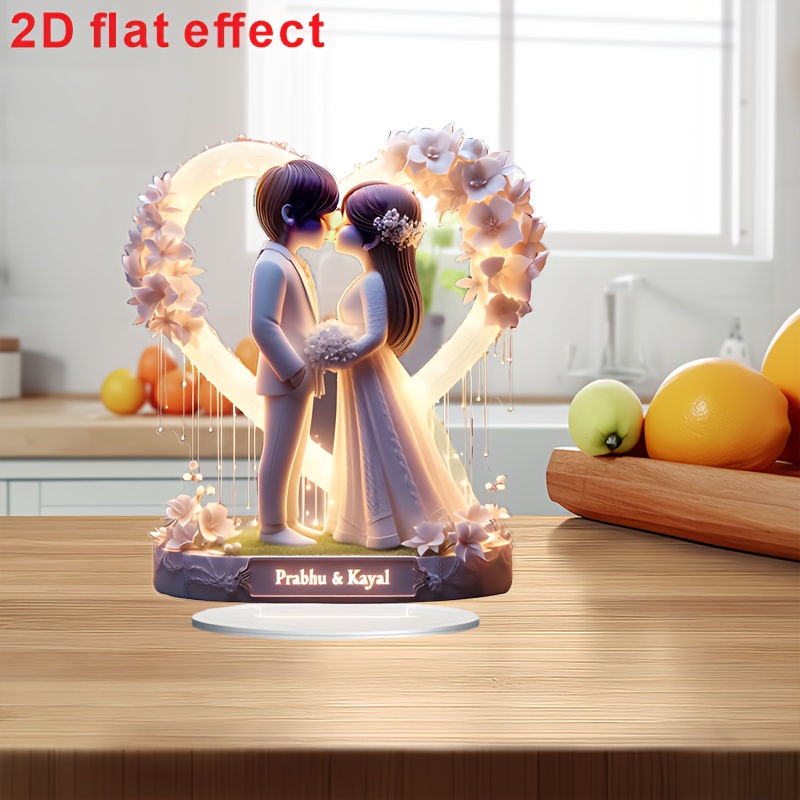 

2d Modern Crystal Couple Flat Decoration Featuring Floral And Heart Designs - Home And Office Decor, An Ideal Holiday Gift For , Comes With A Base.