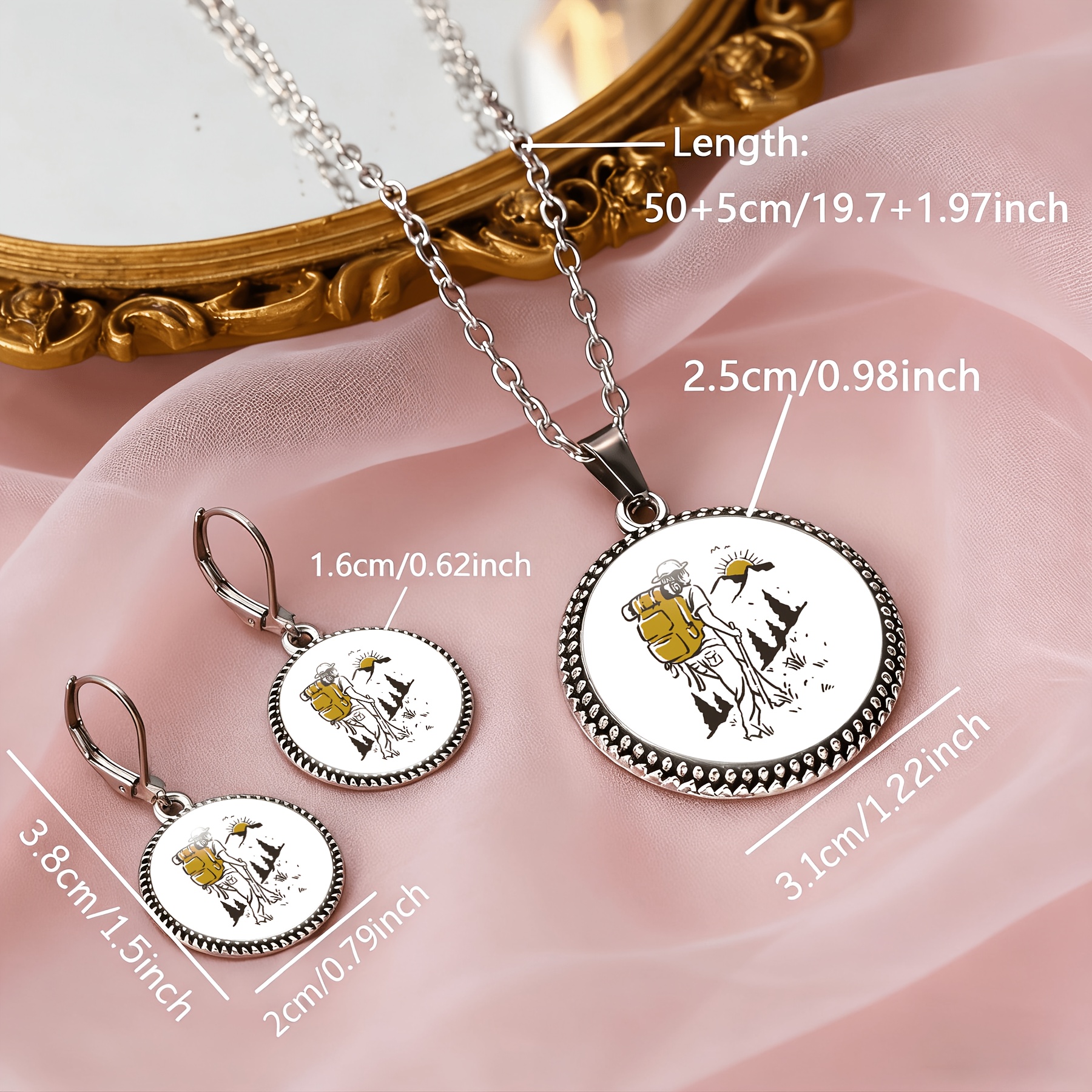 3pc Mountain Hiker Necklace & Earrings Set for Women