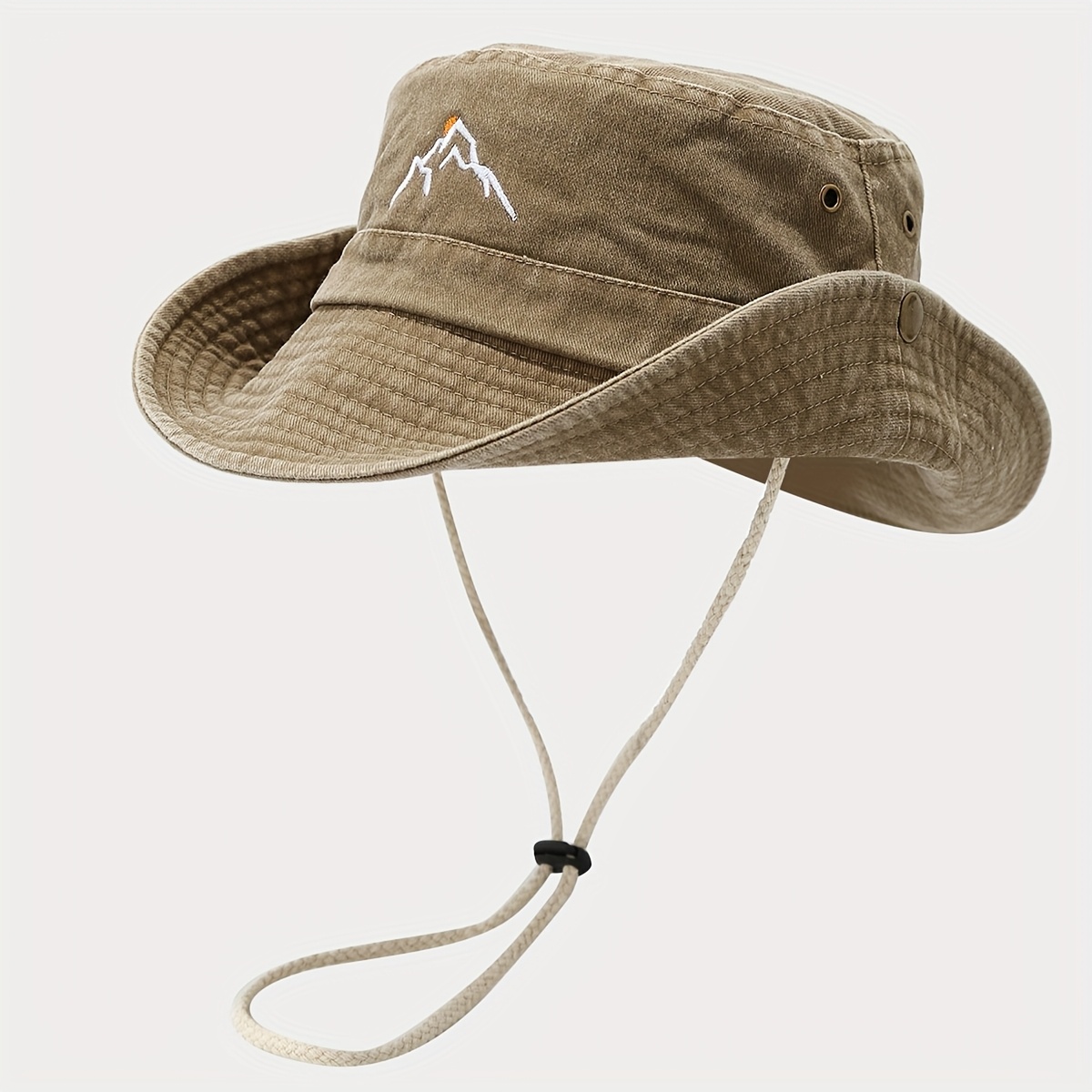 Image of Outdoor Fishing Mountaineering Hiking Sunshade Hat, Unisex Sunrise Mountain Embroidered Wide Brim Fisherman Hat, Fashionable Climbing Hat