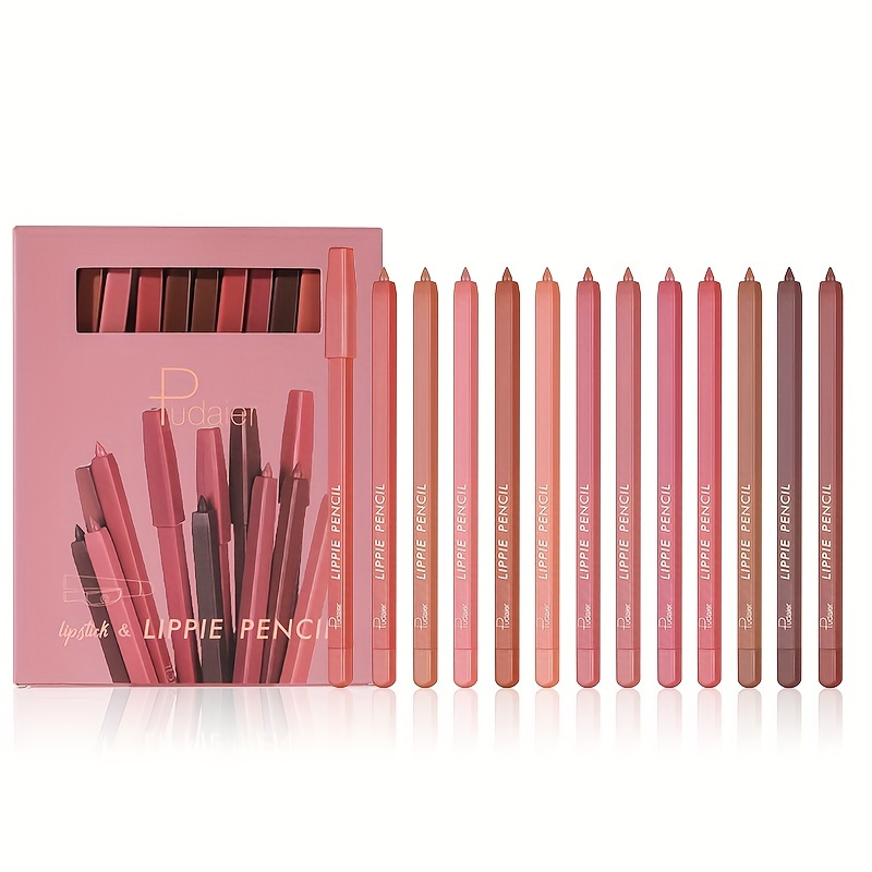 Pudaier 12 Pcs Lippie Pencil Waterproof Sweatproof Lip Liner Easy Coloring Non-fading Color Rendering Lip Makeup Set