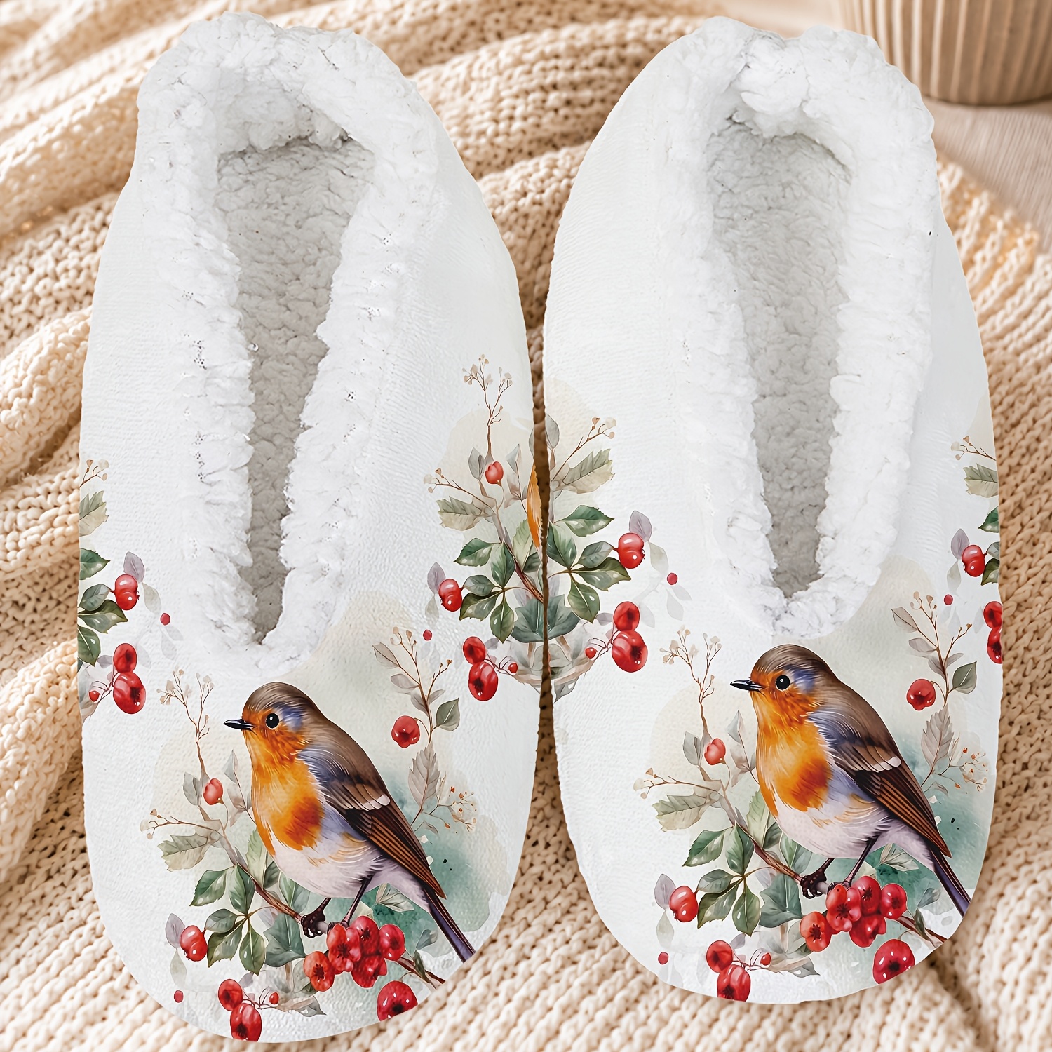 TEMU Women's Fuzzy Slipper Socks, Warm Plush-lined Soft Shoes, Berry Watercolor White, For Indoor Home, Women Shoes