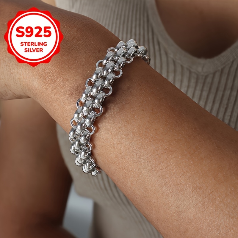 S925 Silver Wide Bracelet, Unisex Trendy Hip-Hop Style