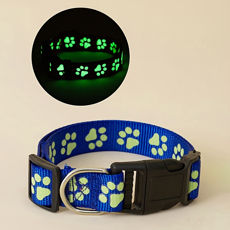 1pc paw print glow in the dark dog collar adjustable head and snap   polyester material animal print pattern night visibility for indoor and outdoor use royal blue s 11